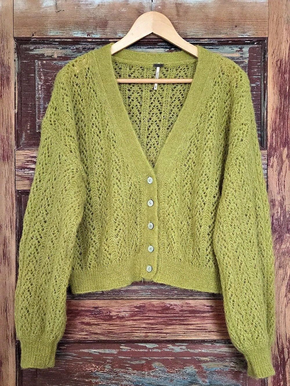 Free People Alpaca Wool Cropped Open Weave Sweater in Bright Olive